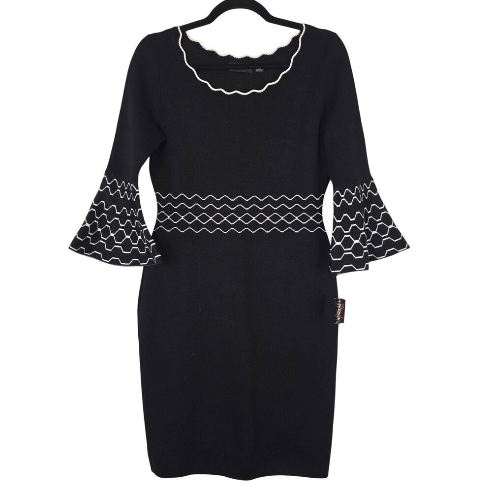 Nina Leonard Dress‎ Womens Small Black Geometric Sweater Bell Sleeve Workwear